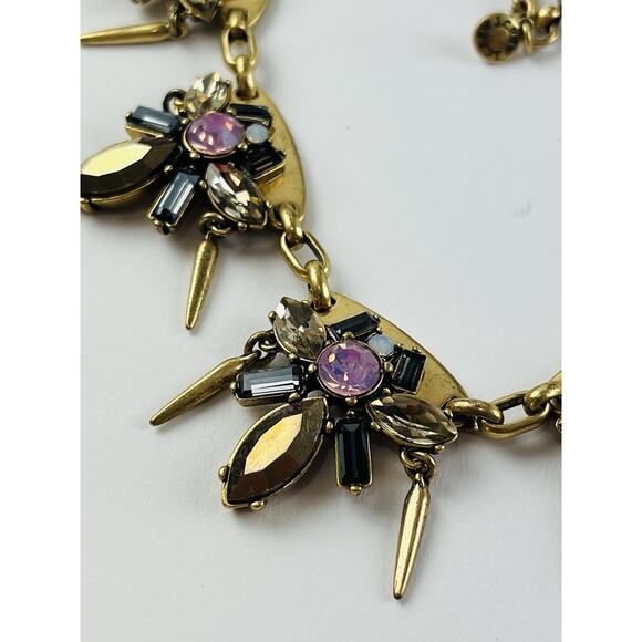 J. Crew Gold Tone Rhinestones Pink Spike Dangles Necklace Smoky Black White Flor - Picture 6 of 16